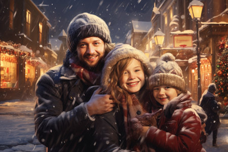 A man and a little girl stand in the snowy landscape, creating a heartwarming winter scene., A small family enjoying a winter wonderland, AI Generatedの素材