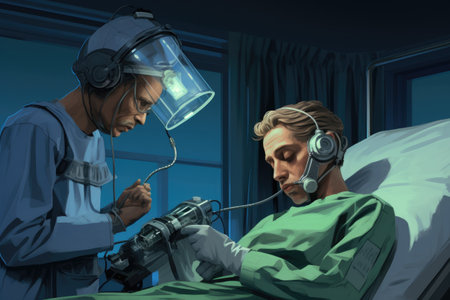 Doctor and patient in the hospital ward. Conceptual image of healthcare and medicine, doctor and patient in oxygen mask with monitor for surgery, AI Generatedの素材