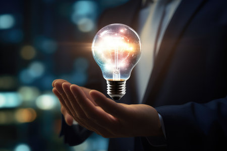 Close up of businessman holding light bulb in palm with cityscape at background, Businessman, set against a blurred background, manipulating a glowing lightbulb with his hand in a 3D, AI Generatedの素材