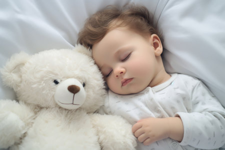 Cute little boy sleeping with teddy bear on white bed at home, AI Generatedの素材