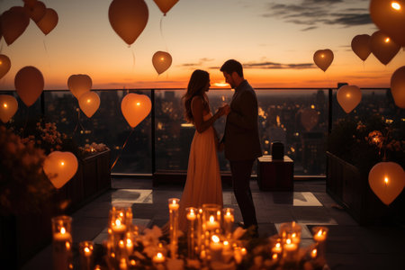 A man and a woman stand together, basking in the warm glow of candles illuminating their surroundings., A romantic rooftop surprise party for a significant other, AI Generatedの素材