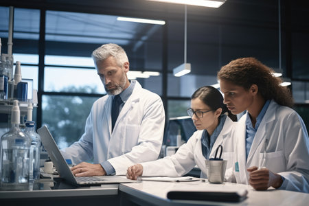 Team of doctors working together in modern hospital. Medical team working with computer, Doctors and scientist team working n laptop while standing at office, AI Generatedの素材