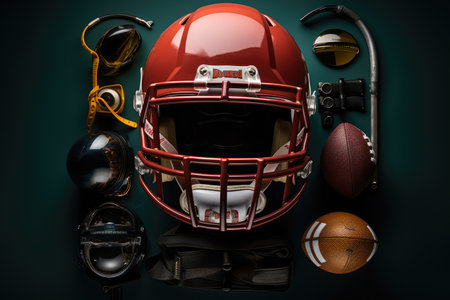 American football helmet and other sports equipment on dark background. Sport concept, Looking down on sports equipment, an American football helmet, AI Generatedの素材