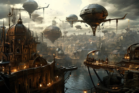 Fantasy cityscape with flying saucers. 3D rendering, AI Generatedの素材