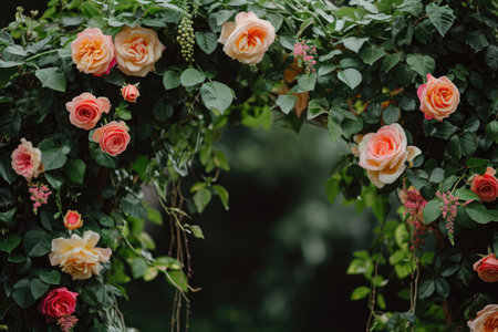 A close-up photo showcasing a vibrant bunch of flowers blooming on a bush in all different shades and colors, Garden wedding with various types of roses and ivy, AI Generatedの素材