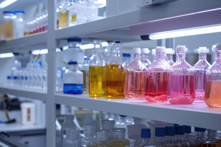 A diverse array of colorful liquids neatly arranged on a shelf in glass bottles, Genetically modified organisms in a lab, AI Generatedの素材