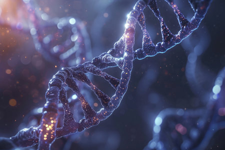This photo is a 3D rendering showcasing a complex arrangement of intertwined strands forming a double-stranded structure, Genetic engineering represented by DNA strands, AI Generatedの素材