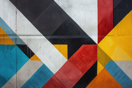 A photograph showcasing a painting featuring a vibrant and intricate multicolored geometric design, Geometric shapes overlapping each other with contrasting color compositions, AI Generatedの素材
