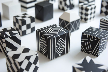 Several black and white cubes neatly arranged on a table, creating an organized pattern, Geometric shaped gift boxes in black and white for a modern look, AI Generatedの素材