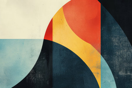 A painting featuring an abstract design in black, yellow, and blue colors, Geometric shapes overlapping each other with contrasting color compositions, AI Generatedの素材