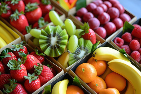 A table filled with boxes containing a variety of fresh fruits, Gift boxes in shapes of various fruits like strawberries, bananas, and kiwis, AI Generatedの素材