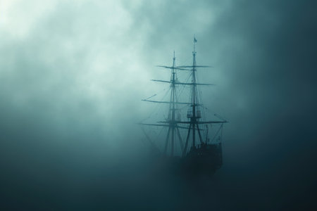 A giant cargo ship makes its way through the misty ocean, with the fog enveloping the vessel and the surrounding area, Ghostly pirate ship floating on a thick, ominous fog, AI Generatedの素材