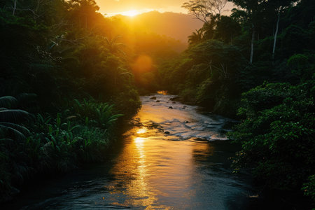 Majestic River Flowing Through Verdant Green Forest, Glistening river cutting through the rainforest at sunset, AI Generatedの素材