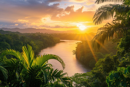 The sun casts a warm orange glow as it sets over a picturesque river, with trees lining its banks, Glistening river cutting through the rainforest at sunset, AI Generatedの素材