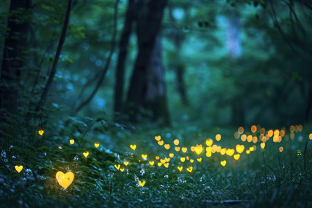 A photo showcasing a densely packed forest, filled with numerous vibrant yellow lights brightening up the surroundings, Glowing heart-shaped fireflies in a romantic woodland setting, AI Generatedの素材