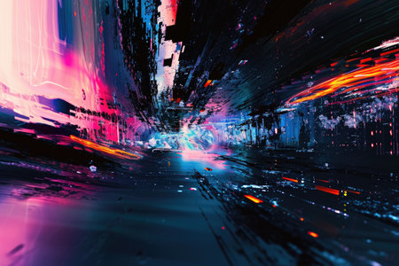 An abstract painting that depicts a city street at night, featuring vibrant colors and dynamic brushstrokes, Glitchy abstract patterns starring in a future cybernetic scenario, AI Generatedの素材