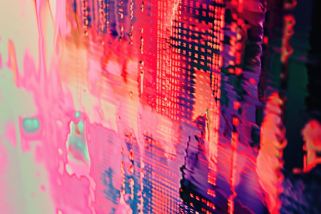 An abstract painting featuring vibrant colors, with various lines and dots creating a visually striking composition, Glitchy abstract patterns starring in a future cybernetic scenario, AI Generatedの素材
