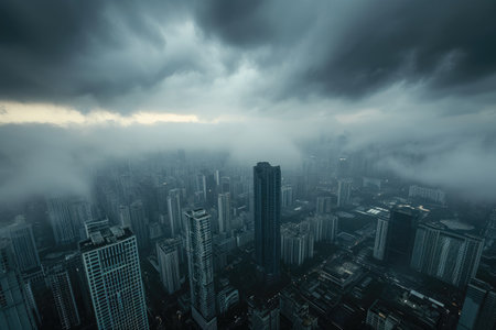A sprawling urban landscape featuring a multitude of towering buildings set against a backdrop of cloudy skies, Gloomy city skyline under heavy clouds, AI Generatedの素材