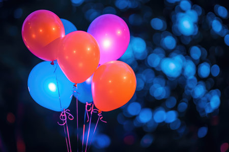 A vibrant bunch of balloons, in various shades and sizes, soaring high in the sky at a joyous birthday celebration, Glowing balloons against a dark backdrop at a night birthday party, AI Generatedの素材