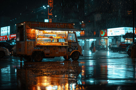 A food truck drives through a rain-soaked street, Glistening food truck under a rainy night cityscape, AI Generatedの素材