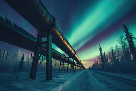 The stunning natural phenomenon of the Aurora Borealis illuminates a snow-covered road surrounded by wintry landscapes, Glowing industrial pipelines during a brilliant aurora borealis, AI Generatedの素材