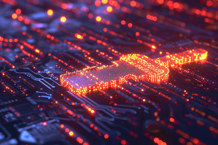 A close-up photograph showcasing an abstract image of a cross design etched onto a circuit board, Glowing digital keys being used to unlock encrypted data, AI Generatedの素材