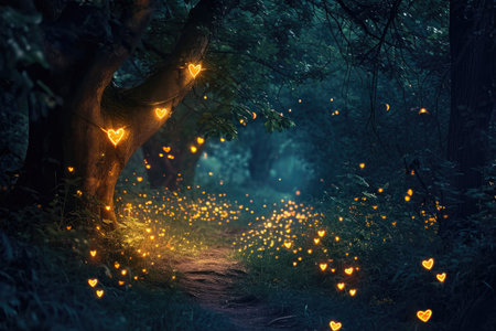 A path winds through a forest, adorned with numerous string lights, creating a magical and whimsical atmosphere, Glowing heart-shaped fireflies in a romantic woodland setting, AI Generatedの素材