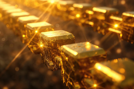 A conveyor belt carries a significant quantity of gold bars, showcasing a valuable and industrial process, Golden chains of blocks representing the value of blockchain, AI Generatedの素材