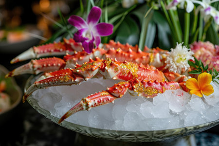 A detailed view of a plate filled with delicious crab legs, Gold-leafed king crab legs on ice with tropical garnishes, AI Generatedの素材