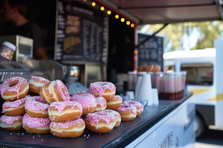 A selection of various doughnuts displayed neatly on a table, Gourmet donut food truck at a hip urban food festival, AI Generatedの素材