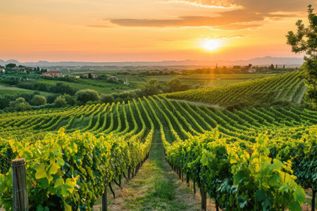 A scenic photo capturing the sun setting over a vineyard, with rows of grapevines in the foreground, Grape vineyards in the countryside under an orange sunset sky, AI Generatedの素材
