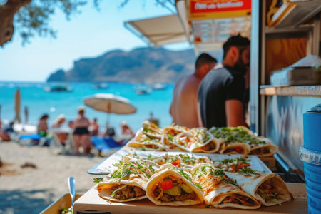 A row of delicious, freshly made burritos arranged neatly on a rustic wooden table, ready to be enjoyed, Greek food truck selling perfect pita wraps by the beach, AI Generatedの素材