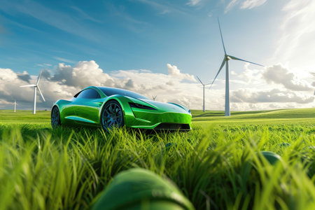 A green sports car is parked in a lush green field, with windmills visible in the background, Green fields and wind turbines behind a sleek electric sports car, AI Generatedの素材