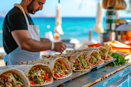 A man is seen preparing food on a table placed beside the ocean, Greek food truck selling perfect pita wraps by the beach, AI Generatedの素材