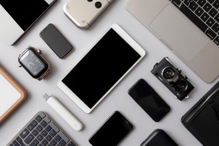 A table covered in a variety of electronics including laptops, tablets, smartphones, headphones, and gaming consoles, Grid-style layout of various smart devices in a minimalist design, AI Generatedの素材