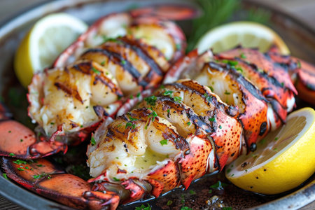 A detailed view of a plate of food featuring a cooked lobster, accompanied by a lemon wedge and a side of melted butter, Grilled Maine lobster tails with drawn lemon butter, AI Generatedの素材