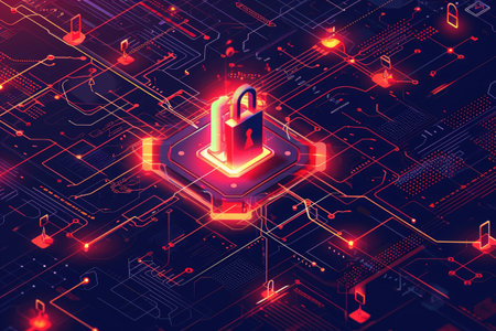 A computer circuit with a prominent red light atop it, showcasing the electrical components and signaling activity, Graphic concept of network encryption in a clean design, AI Generatedの素材