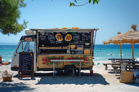 Food Truck Parked on Beach Near Ocean, Greek food truck selling perfect pita wraps by the beach, AI Generatedの素材