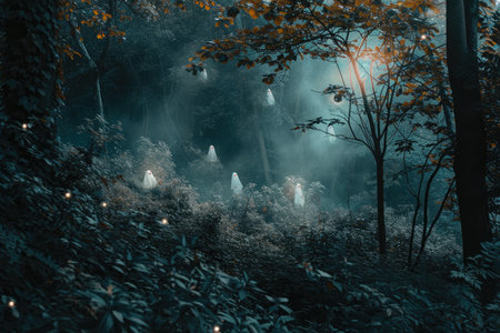 A dense forest teeming with countless tall trees and lit up with twinkling lights, Halloween mystery in a dense forest with hidden ghostly figures, AI Generatedの素材