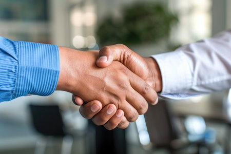 Two individuals engaged in a formal business meeting, shaking hands to symbolize agreement or partnership, Hands shaking after a successful business deal, AI Generatedの素材