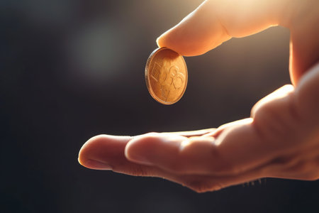 A close-up photo of a persons hand holding a small penny coin, Hand tossing a coin, representing investment chances, AI Generatedの素材