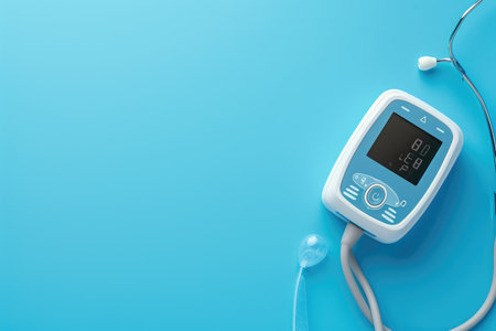 An electronic blood pressure device placed on a blue background, ready for use, Handheld pulse oximeter on a blue background, AI Generatedの素材