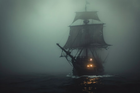 A pirate ship sails through the thick fog of the open ocean, Haunted pirate ship sailing on a black foggy sea, AI Generatedの素材