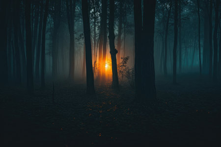 Dense Forest With Abundant Trees at Dusk, Halloween mystery in a dense forest with hidden ghostly figures, AI Generatedの素材