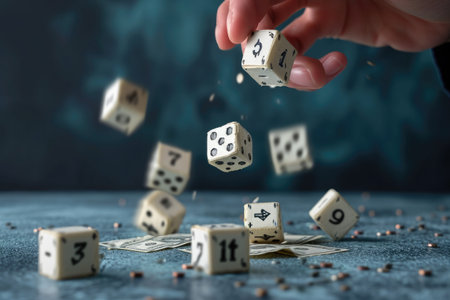 A person is seen throwing dice into a pile of money on a table, Hand throwing 3D dices with dollar signs, representing risk in investment, AI Generatedの素材