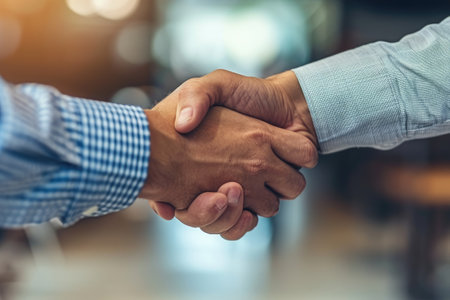 A close-up photograph capturing the handshake between two individuals in a professional office environment, Hands shaking after a successful business deal, AI Generatedの素材