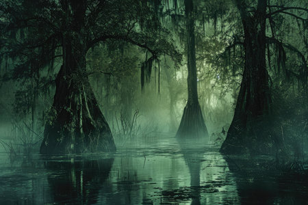 This photo showcases a dense swamp teeming with countless trees and an extensive expanse of water, Haunted bayou with crooked trees, mist and swamp monsters, AI Generatedの素材