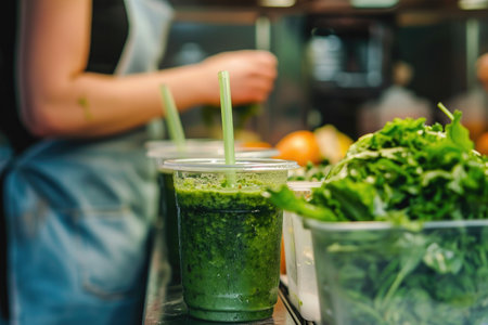 A photo showcasing two cups filled with green smoothies sitting on a table, Health-focused green smoothie food truck, AI Generatedの素材
