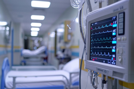 A hospital room equipped with a monitor and multiple beds for patient care and monitoring, Heart monitor displayed in a hospital setting, AI Generatedの素材