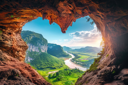 A stunning cave provides a breathtaking view of a flowing river and towering mountains in this captivating photograph, Heart-shaped cave opening overlooking a tranquil valley, AI Generatedの素材